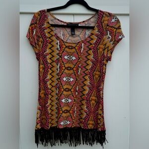 INC Southwestern Print Short Sleeve Top W/Black Fringe.  Size Medium.  NWOT.